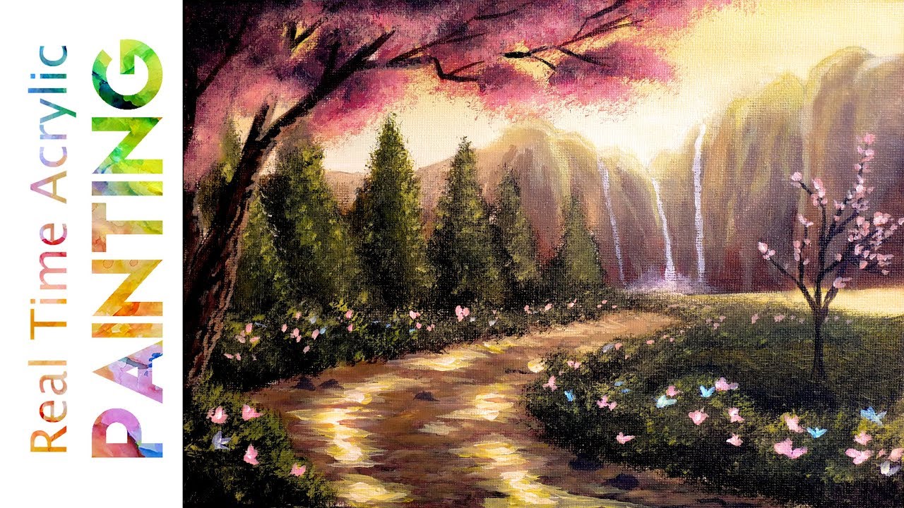 Painting a Golden Garden Cliffs Landscape in Real Time with Acrylics