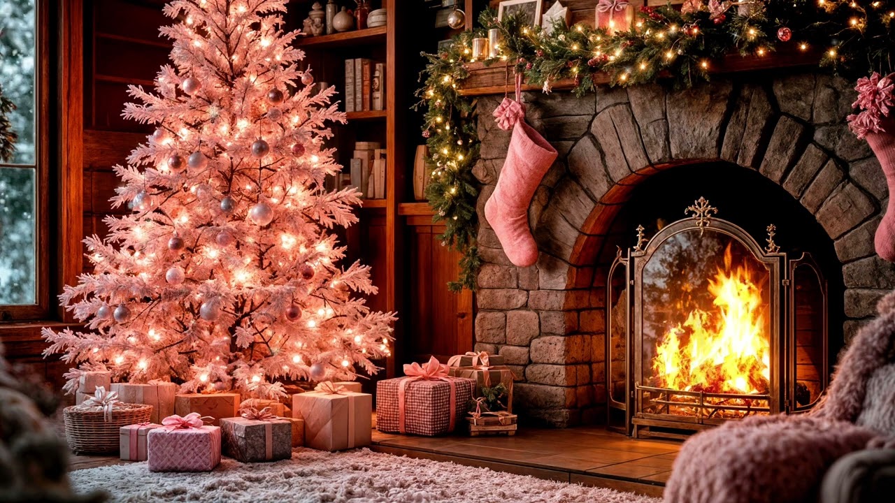 Pink Christmas background | Fireplace Crackling Fire | Falling Snow | Christmas Ambience | Pinkmas