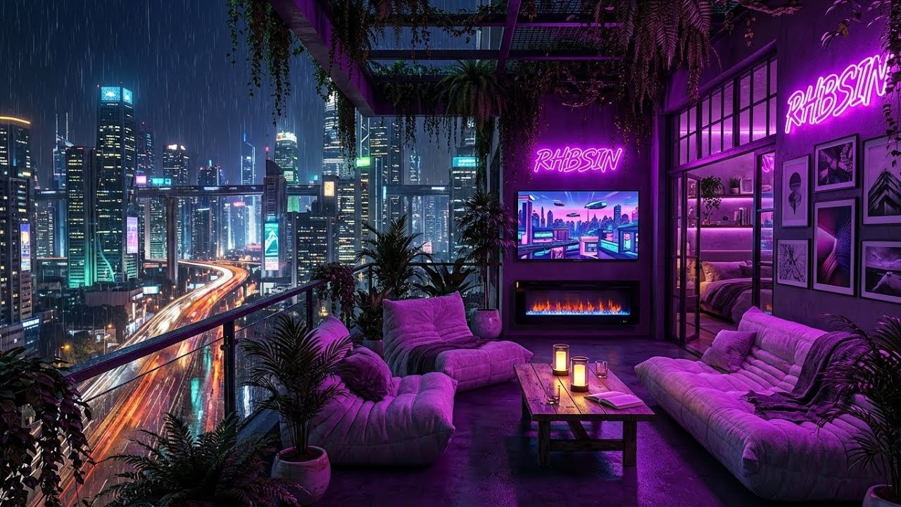 🔴 LIVE 24/7 Neon City Rain Lofi 🌆💜 Study, Sleep & Chill Beats