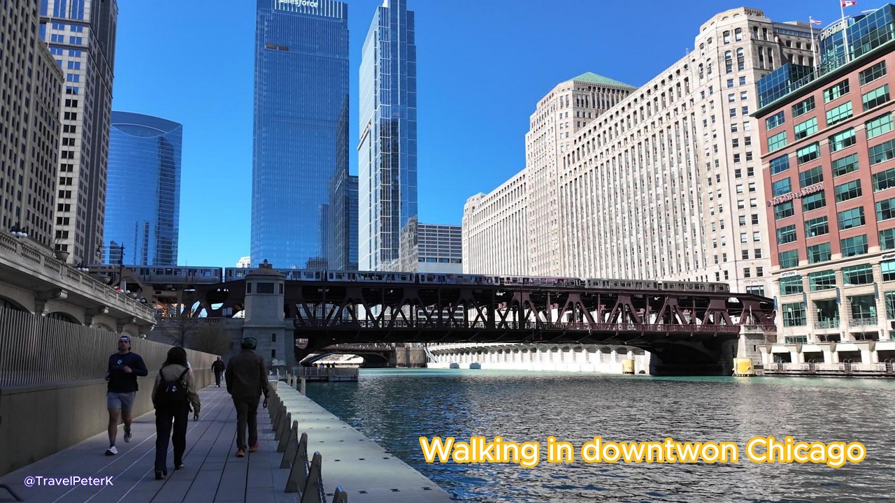 Walking in Downtown Chicago from the Chicago Theatre to the Mart via Chicago Riverwalk
