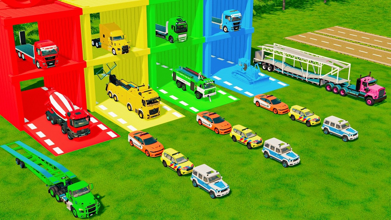 TRANSPORTING ALL POLICE CARS, RESCUE & FIRE TRUCK, BULLDOZER, CONCRETE MIXER TO GARAGE - FS22