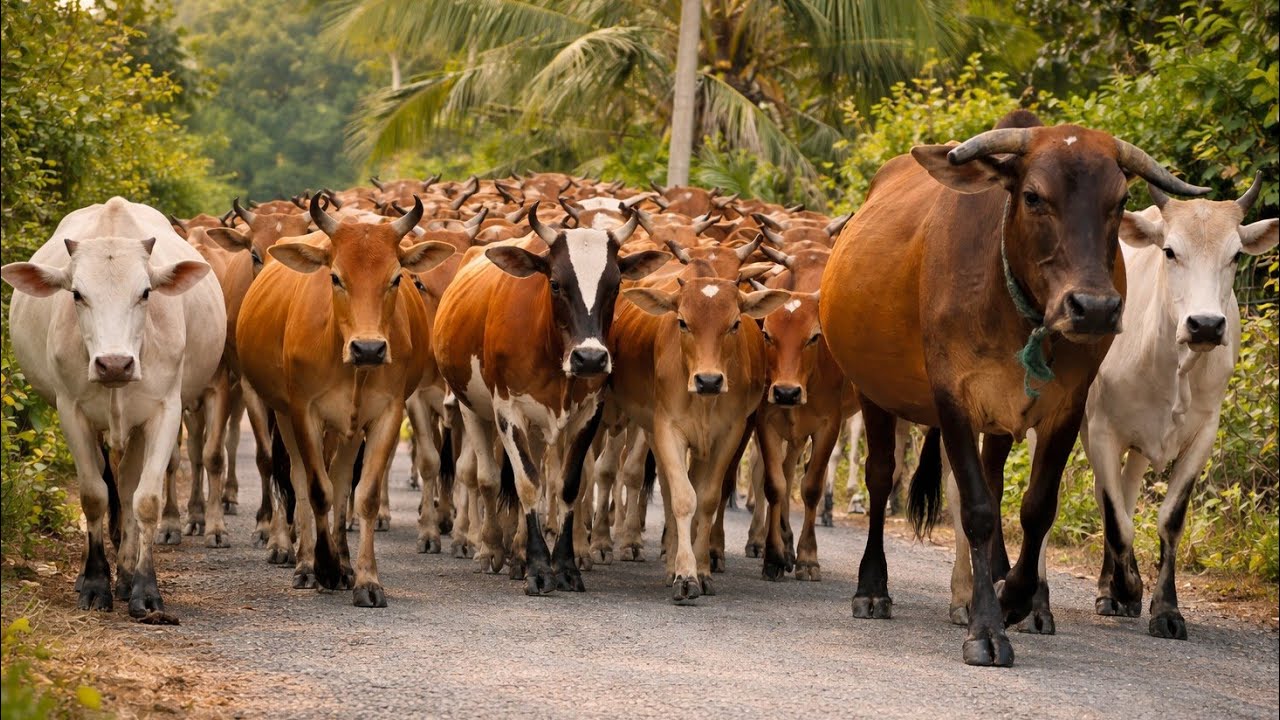 Dozens of strong and healthy cows strolling in the afternoon.