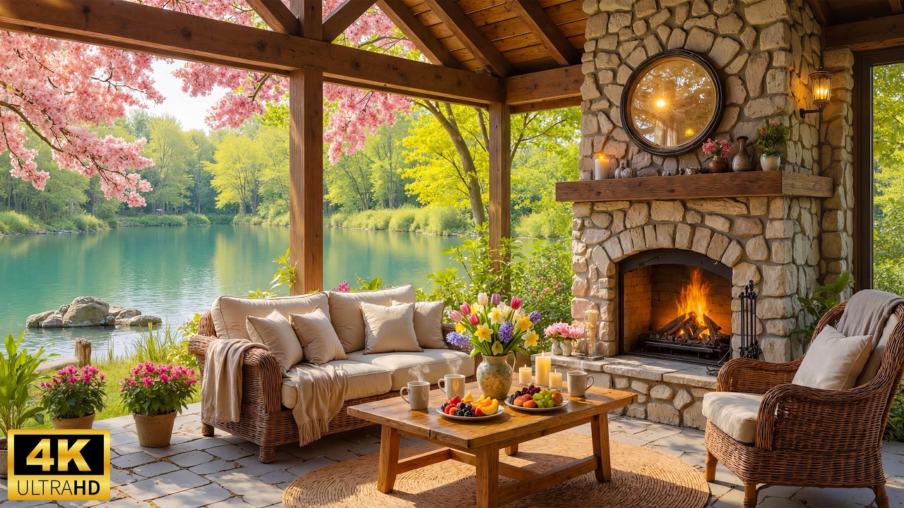 Morning Spring in Cozy Cabin Ambience 🌸 Relaxing Piano, Birdsongs and Fireplace to Unwind