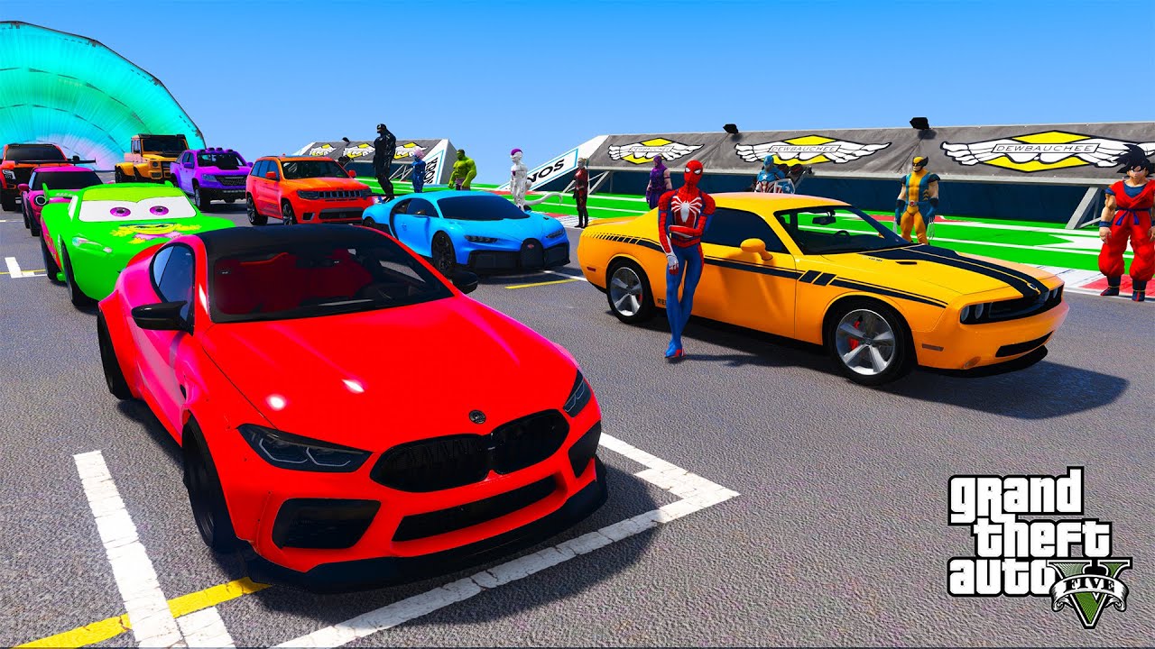 SPIDERMAN Epic Multi Mega LAKE RAMP Challenge for Cars SUV Truck! Superheros Hulk Venom Goku– GTA 5