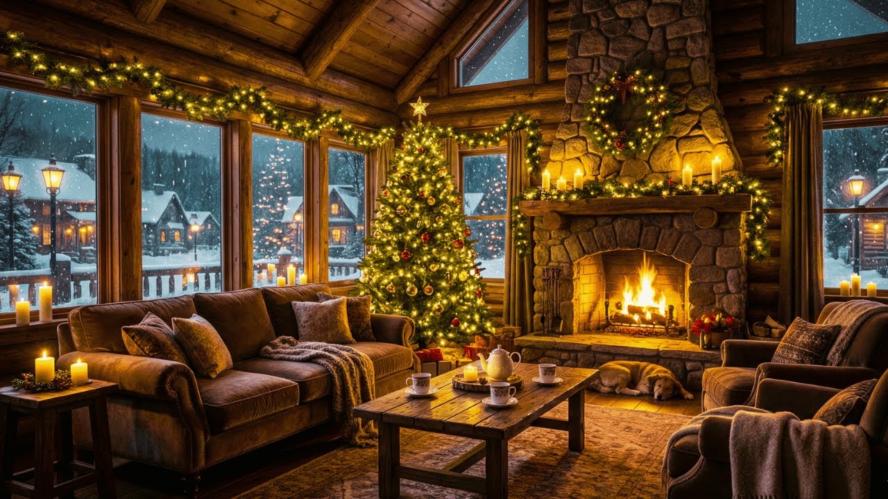 Christmas Cabin 24/7 🎄 Warm Fireplace Ambience & Relaxing Instrumental Music