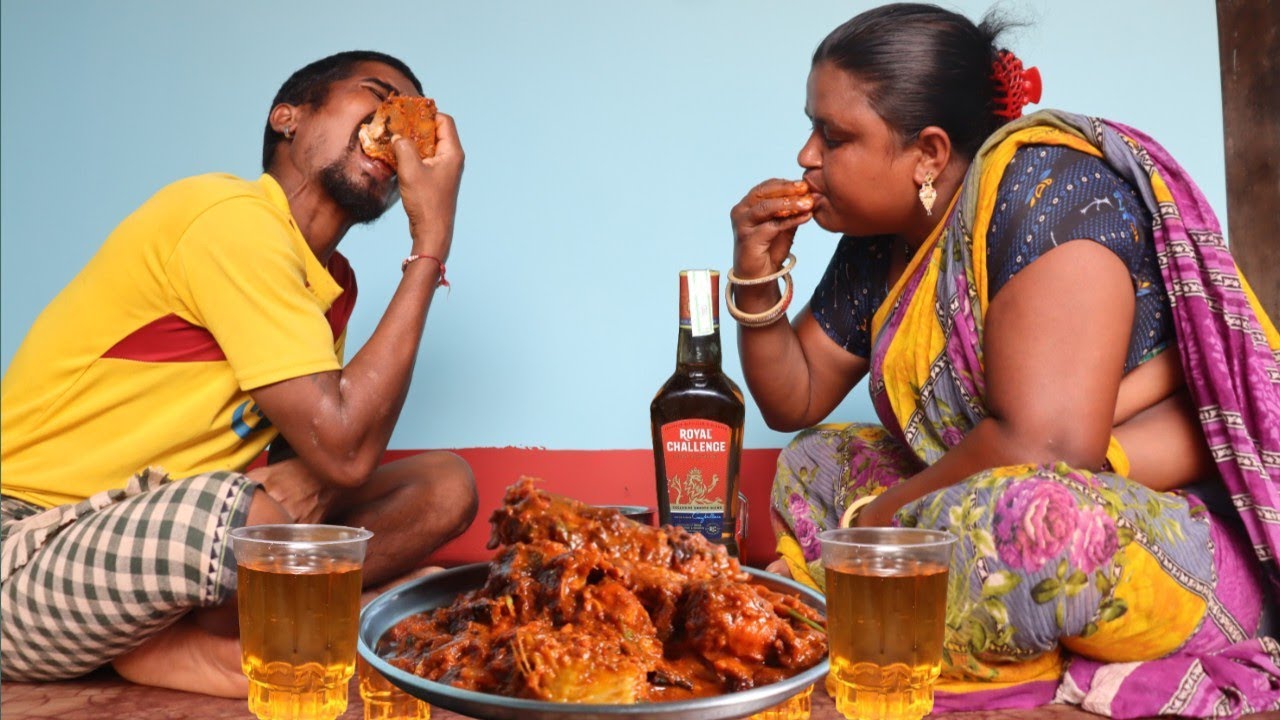 Catfish With Imli Masala Curry Eating And Drink Wine Village Couple ||