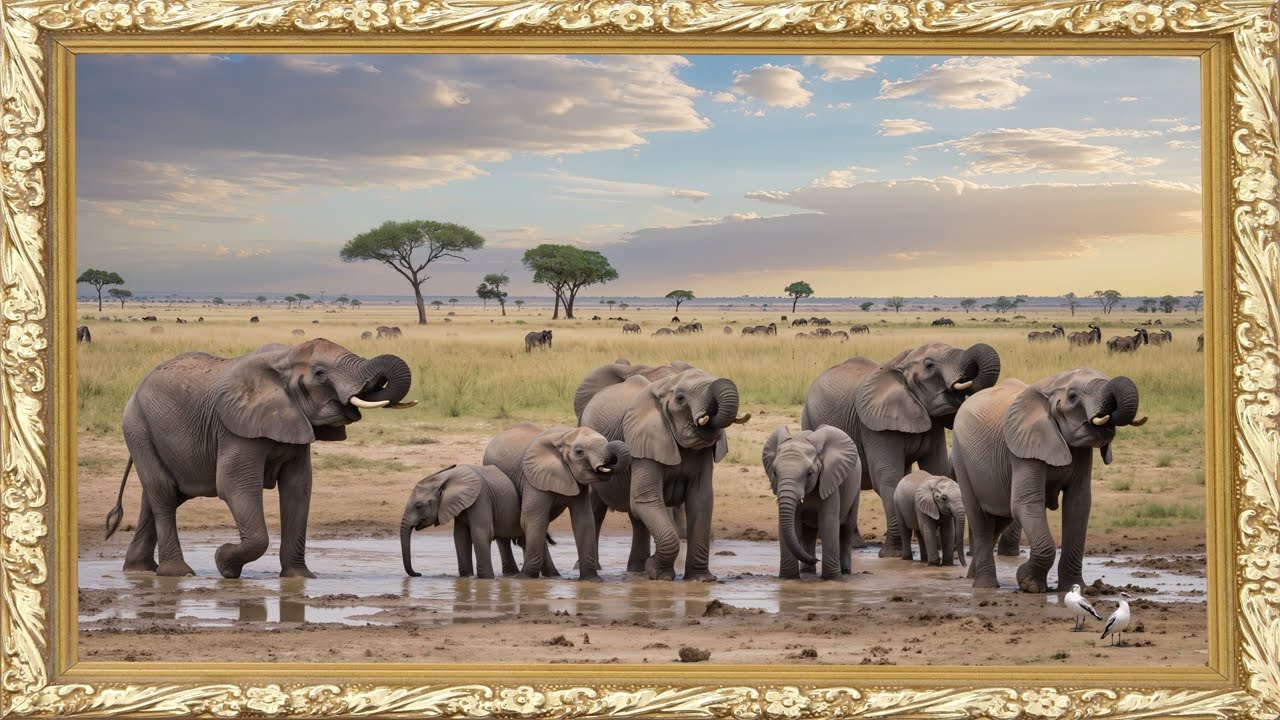 Majestic Elephants at an African Waterhole | African Safari Wildlife in 4K | 4K Nature Display