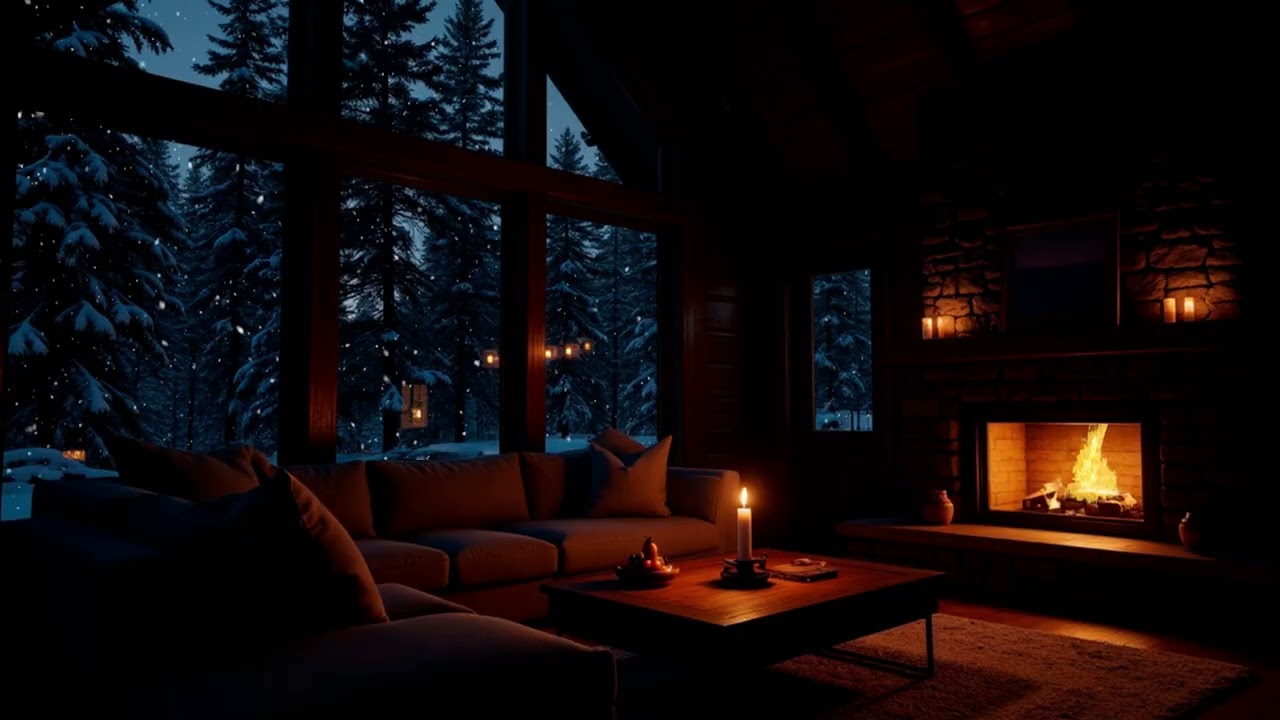 Silent Snowfall Cabin Night | Fireplace Glow & Gentle Piano for Deep Rest