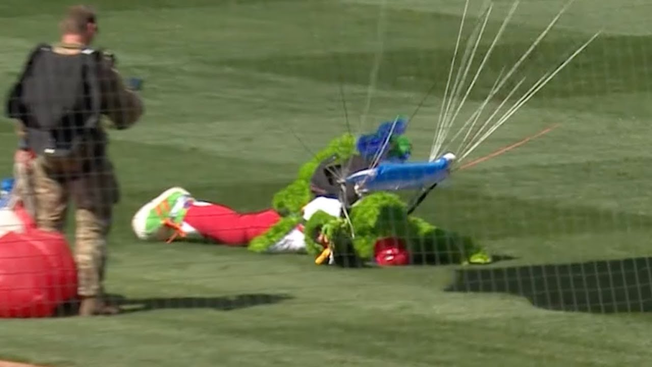 Phillie Phanatic PARACHUTES INTO STADIUM AND FACEPLANTS! (Amazing moment in Phillies opener)
