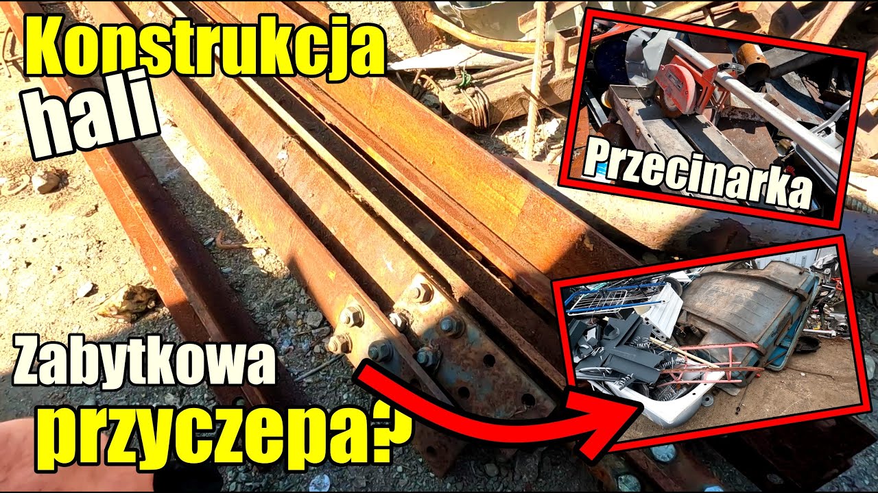 MEGA dużo towaru na skupie złomu: konstrukcja hali, przecinarka do płytek, wiertarka kolumnowa.