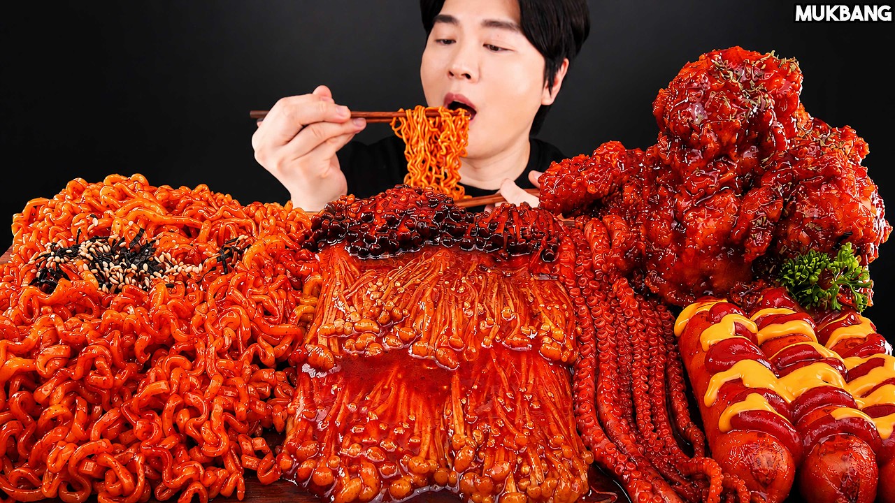 ASMR MUKBANG | Spicy Enoki Mushrooms, Octopus Fire Noodles Sausage Fried Chicken recipe EATING SOUND