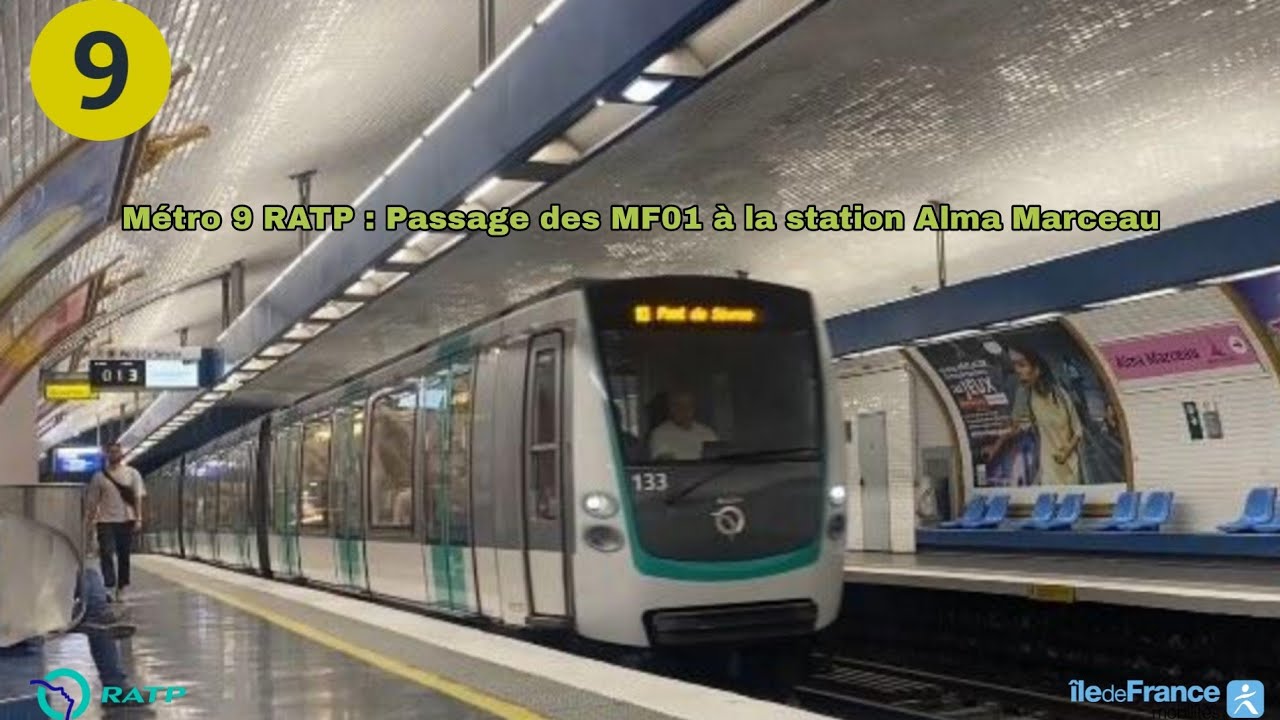 Métro 9 RATP : Passage des MF01 à la station Alma Marceau