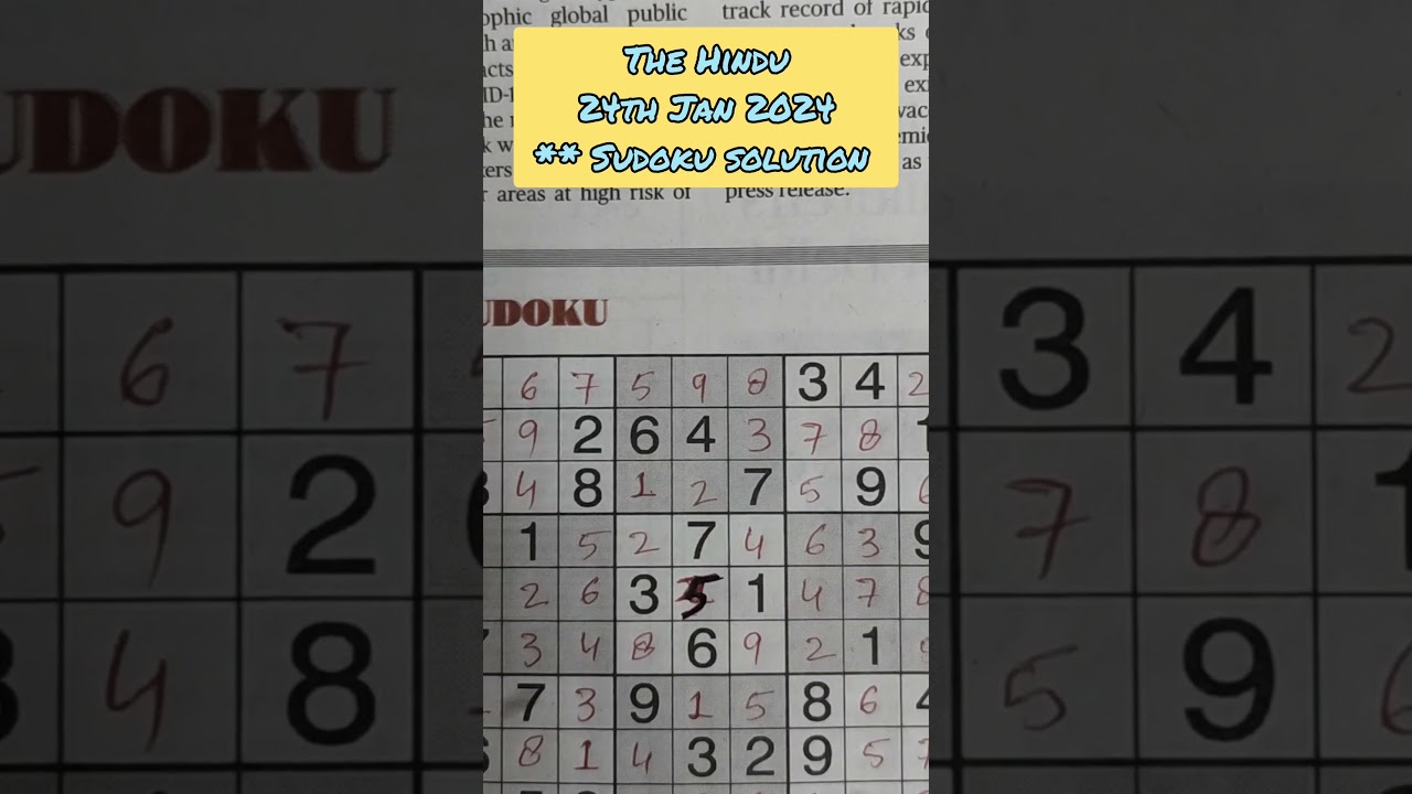 The Hindu Newspaper | Jan 24th, 2024 | 2 Star Sudoku Solution @TheHinduOfficial #sudokusolving