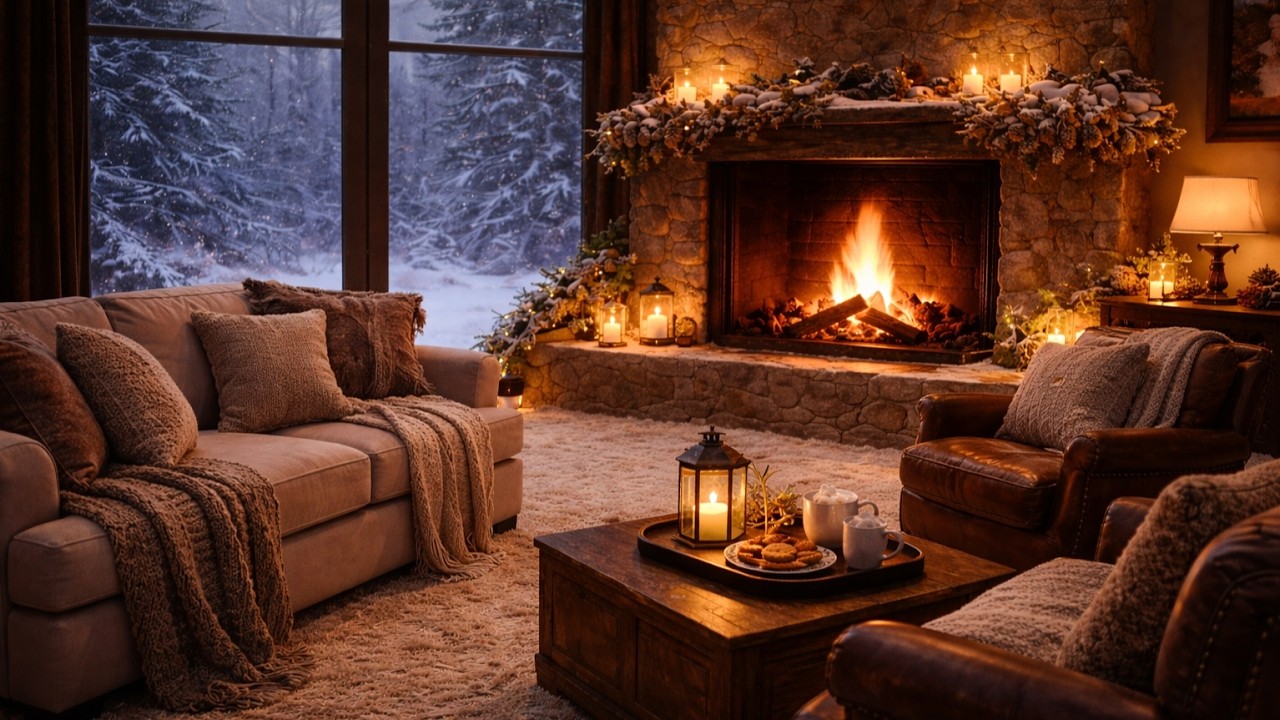 Midnight Blizzard Beyond the Window ❄️ | Crackling Fireplace Glow 🔥 Soft Piano Cozy Cabin Retreat