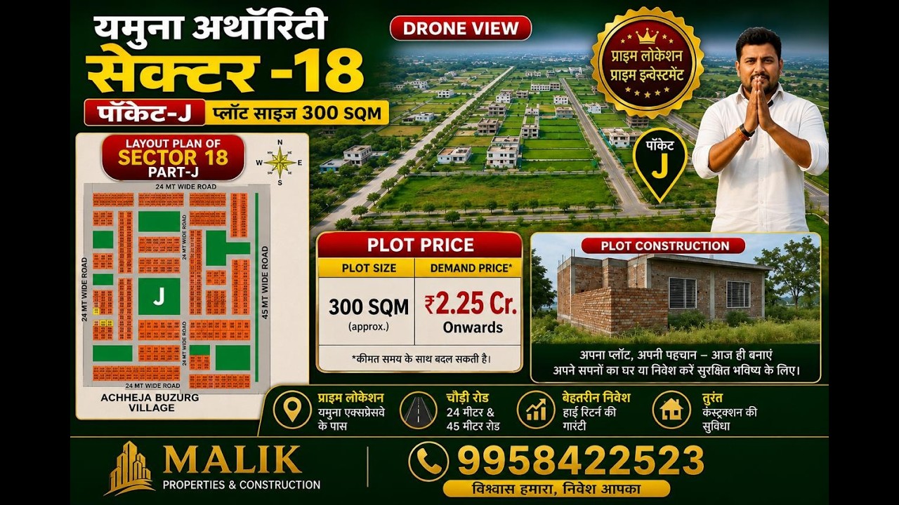 Yamuna Authority Sector-18 Pocket-J Plot Size | 300 SQM Drone View & Plot Price | House Construction