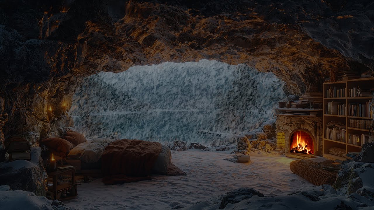 Cozy Winter iin a Cave❄️ | Snowfall & Fireplace Ambience for Sleep, Reading & Relaxation