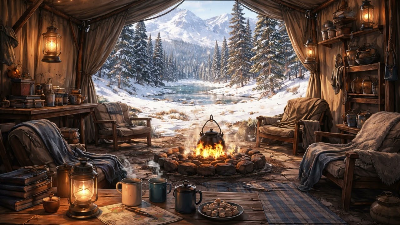 Cozy Winter Campfire Ambience (Lofi Music) | Snowy Mountains, Relax & Study