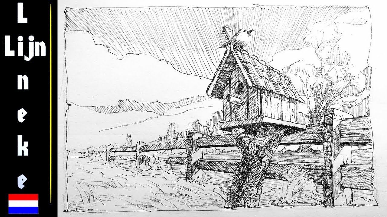 Hoe teken je een (vogel) huisje Staedler fineliner inkt tekening