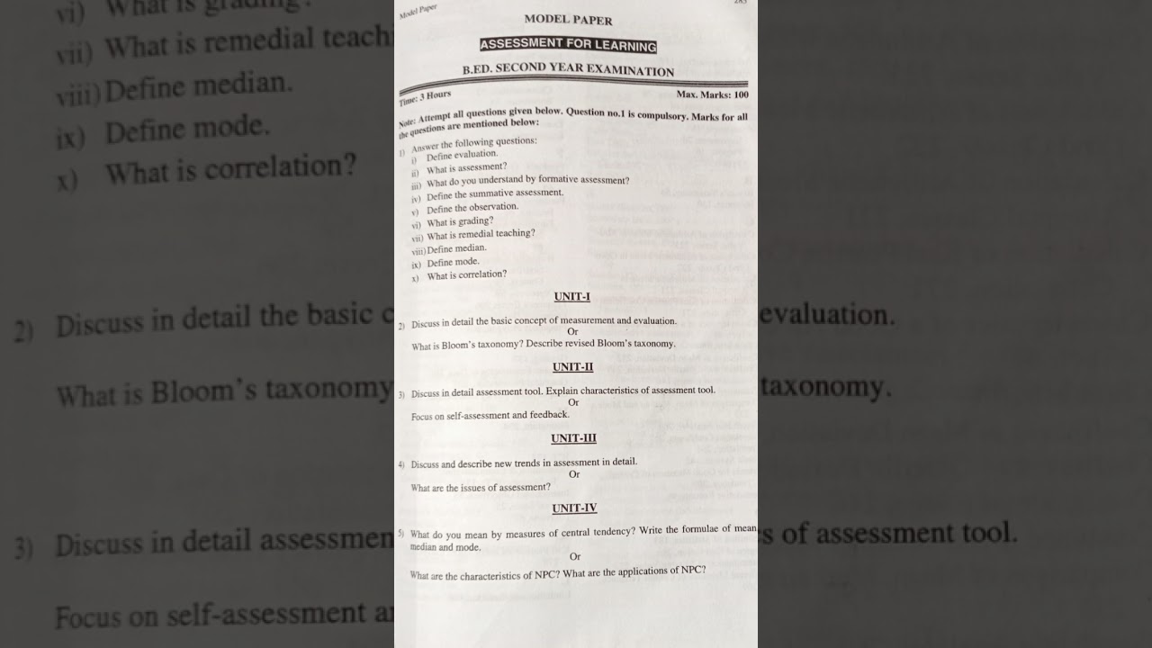 Assessment for learning ll Model question paper for assessment for learning ll