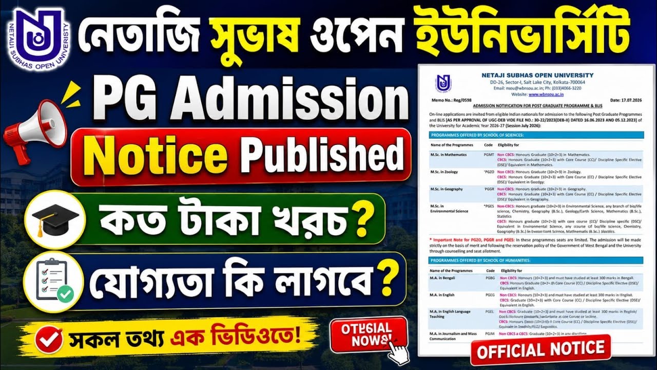 NSOU PG Admission 2026 শুরু | অফিসিয়াল নোটিশ প্রকাশ | Eligibility, Fees, Apply Process