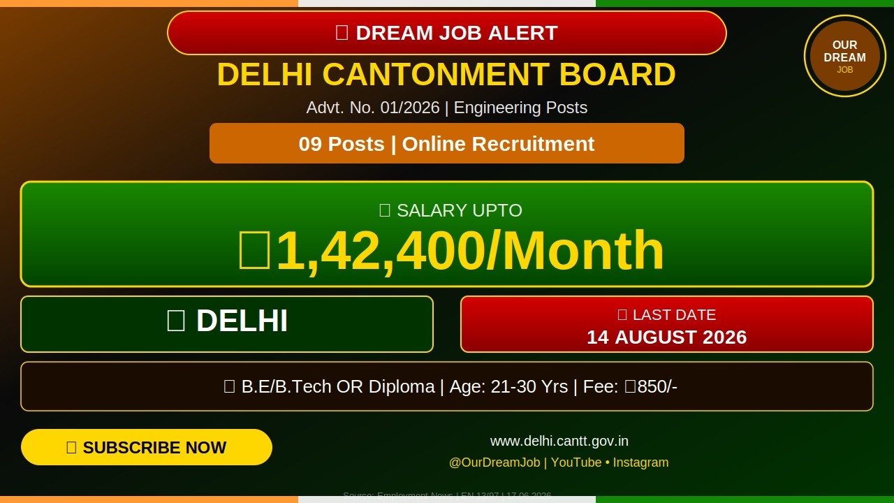 Delhi Cantonment Board Recruitment 2026 | 09 Posts | Salary ₹1,42,400 | Delhi | Our Dream Job