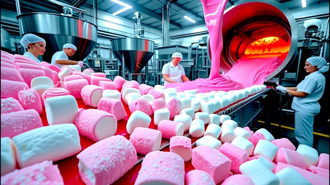 كيف يتم تصنيع حلوى المارشميلو في المصانع - طريقة إنتاج المارشميلو MARSHMALLOW 🍬
