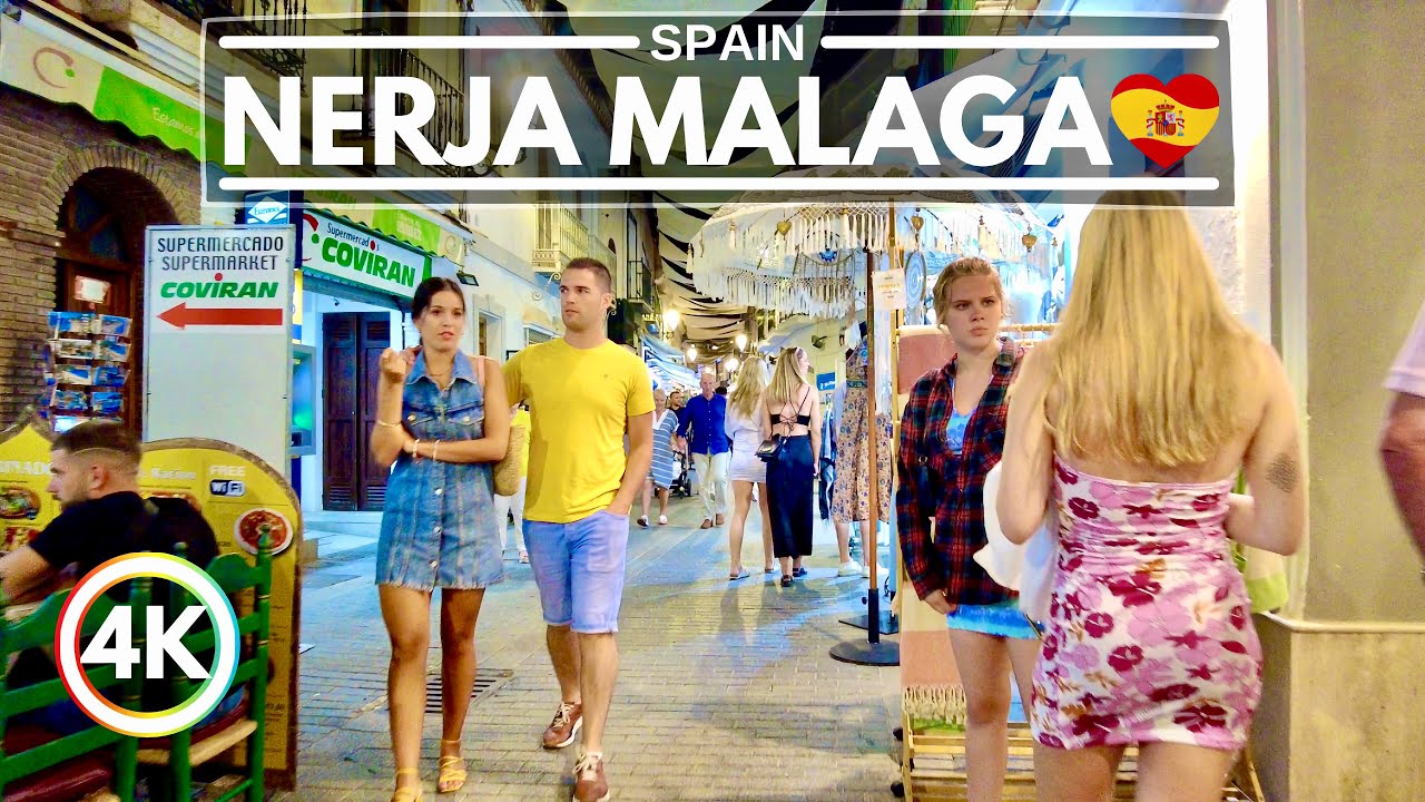 Beautiful Nerja in Spain Andalucia, Nightlife in June at Costa del Sol (Málaga) - 4K Walking Tour