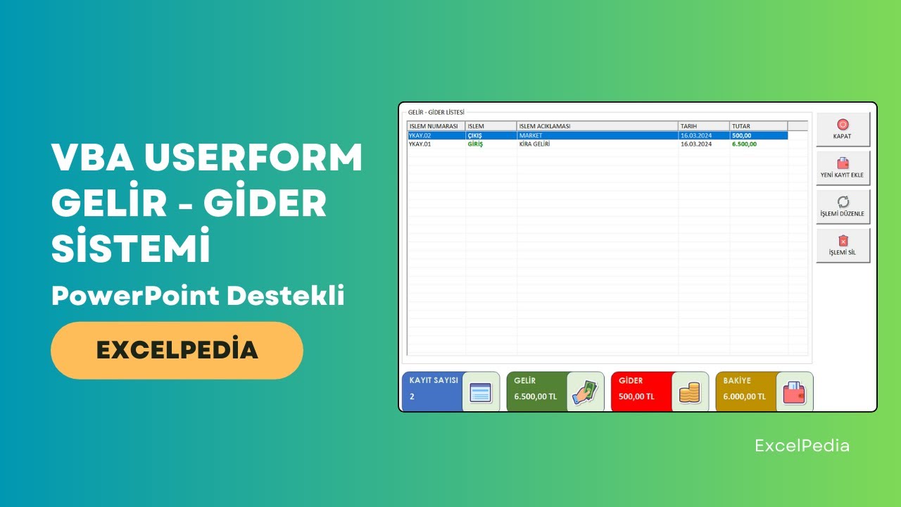 VBA Userform ile Gelir - Gider Takip Sistemi