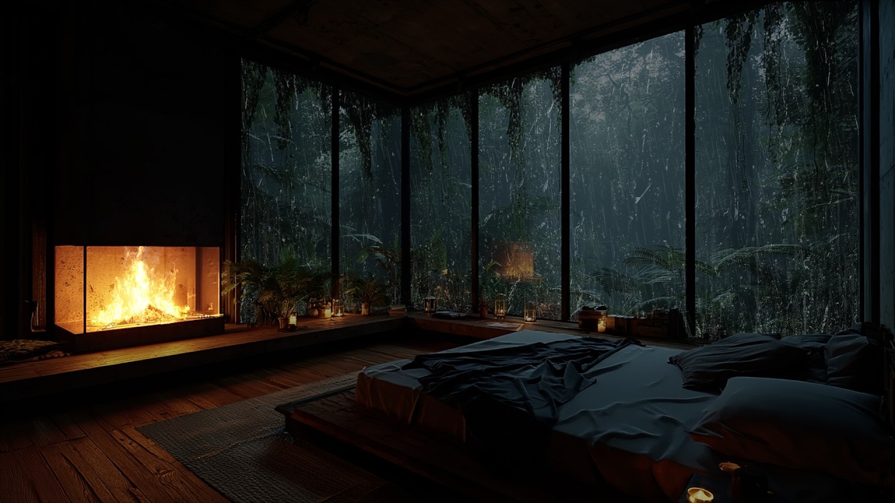 Night Rain Held by Fireplace Glow 🌧️ | A Warm Bedroom Ambience for Deep Healing Sleep