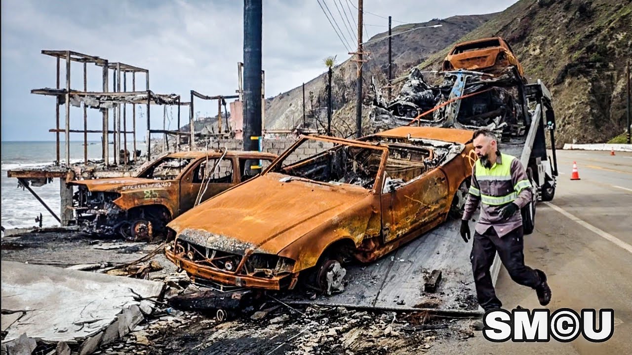 𝗦𝗖𝗢𝗥𝗖𝗛𝗘𝗗 𝗪𝗥𝗘𝗖𝗞𝗔𝗚𝗘: Burnt Vehicles Towed from PCH as Fire Recovery Efforts Continue