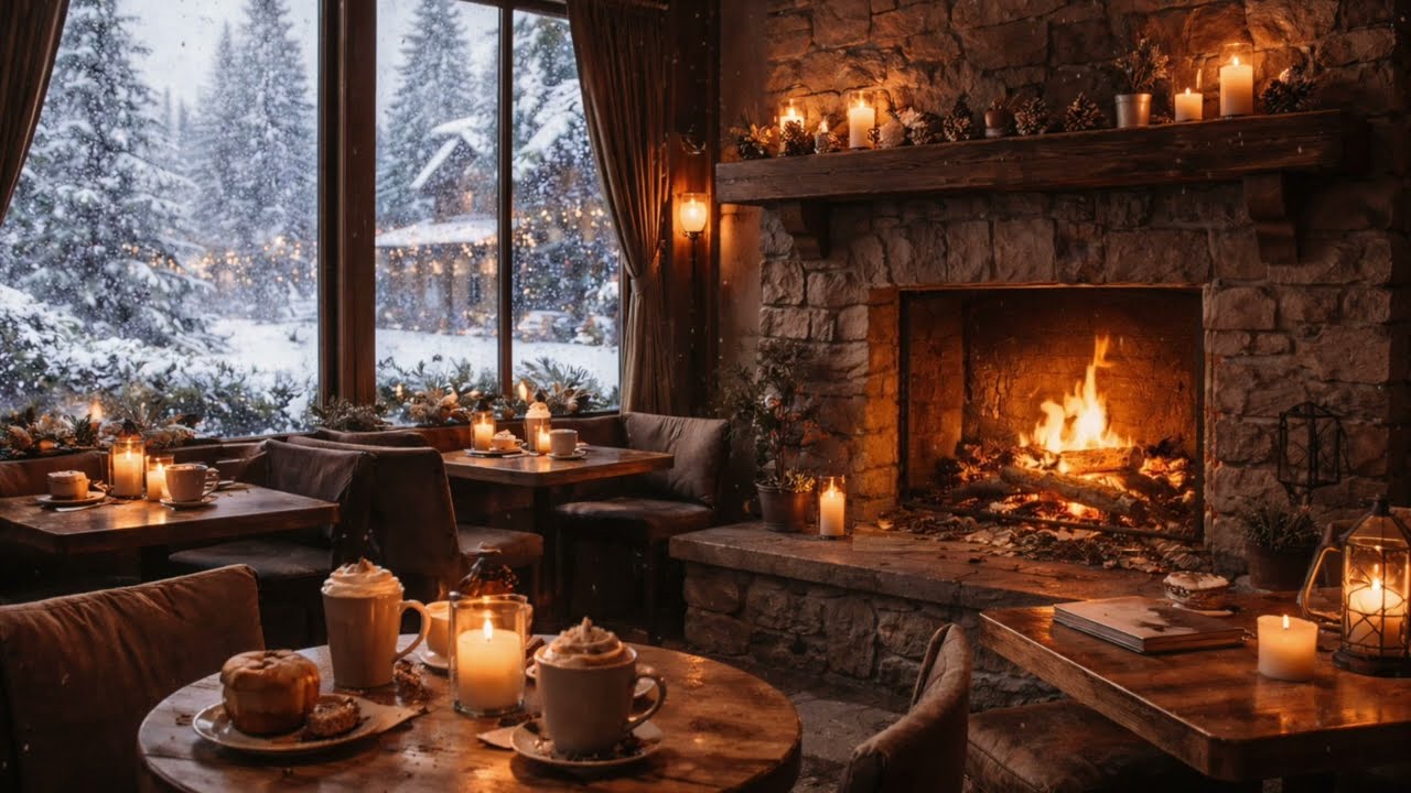 HD Cozy Café Fireplace in Heavy Snowfall ❄️ | Winter Ambience Screensaver #snowfall #tvscreensaver