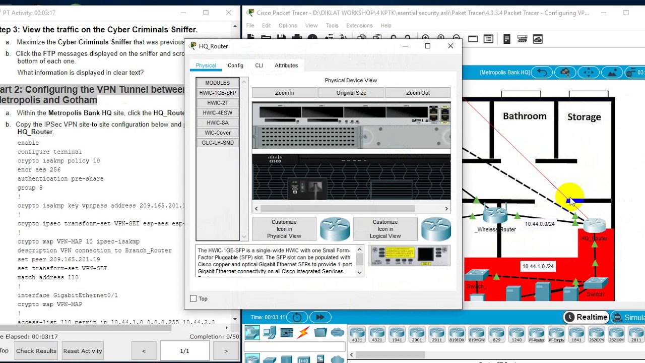 4.3.3.4 Packet Tracer - Configuring VPN Tunnel Mode
