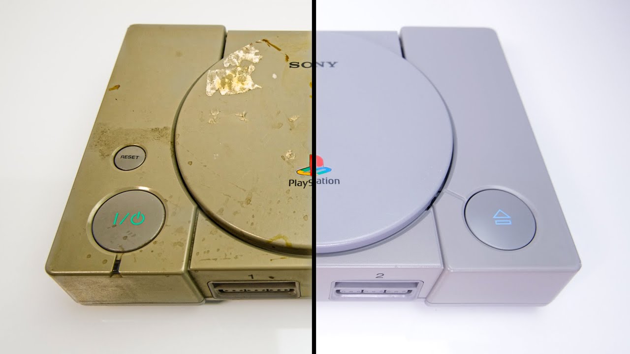 Restoration of old, dirty, yellowed PlayStation with bugs in it