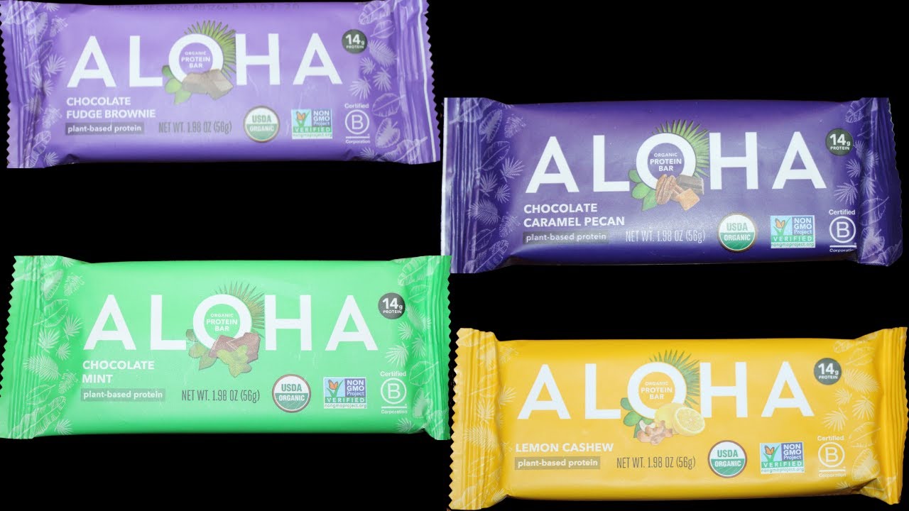 Aloha Protein Bar: Chocolate Fudge Brownie, Chocolate Caramel Pecan, Chocolate Mint, Lemon Cashew