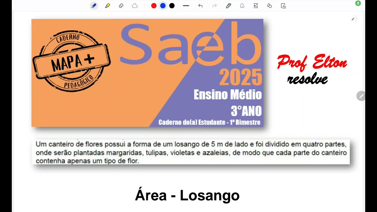 Simulado Saeb 2025 - EM - Área de losango - Um canteiro de flores possui a forma de um losango de 5