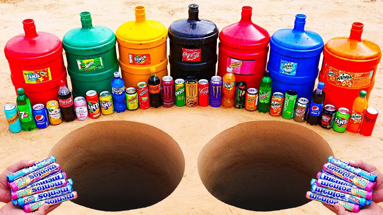 EXPERIMENT: Giant Coca Cola, Fanta, Sprite, Mirinda, Pepsi vs Mentos in Underground Double Hole