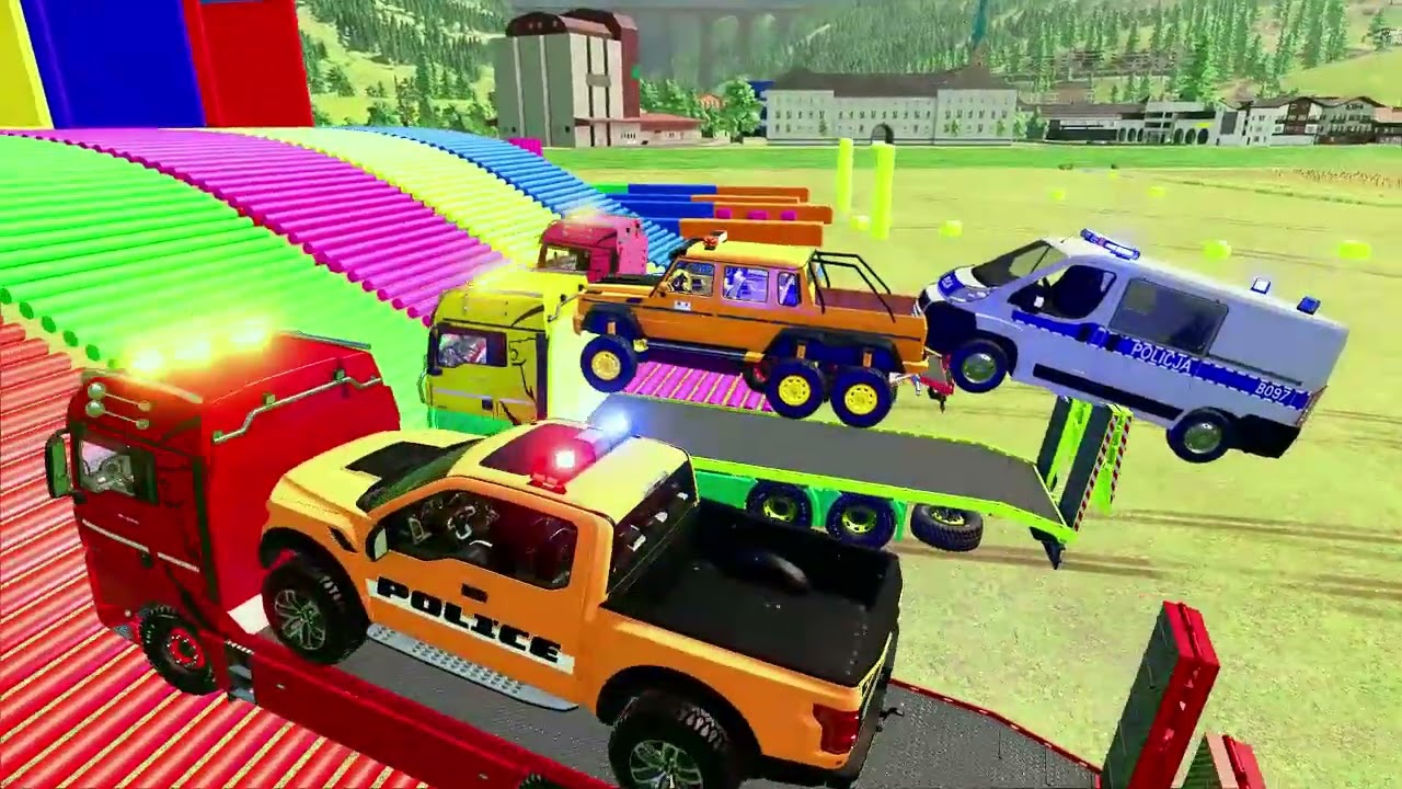 TRANSPORTING DACIA, MCQUEEN CAR, FORD POLICE CAR, AMBULANCE EMERGENCY WITH MAN TRUCKS 