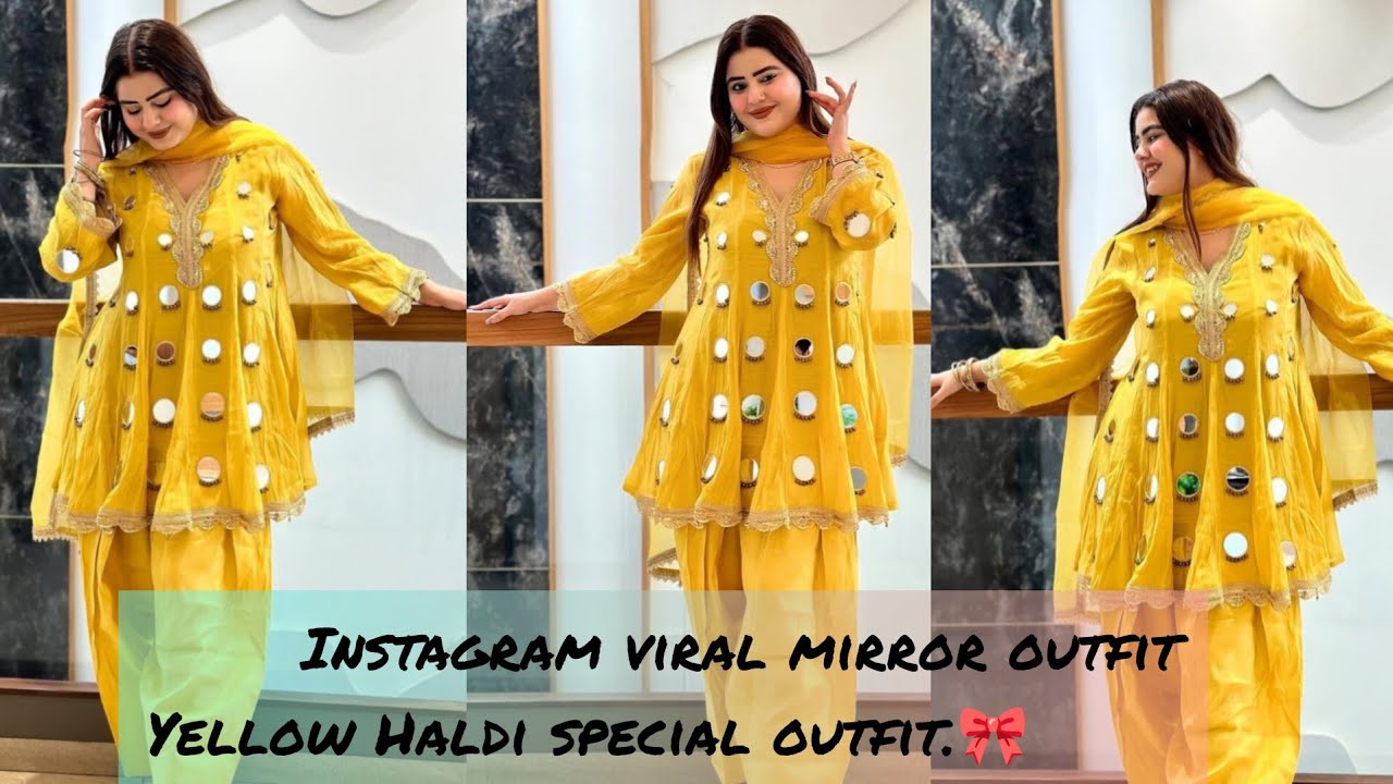 Instagram virl mirror yellow colour outfit💛 Haldi dress desing #embroidery #mirrorwork #youtubevideo