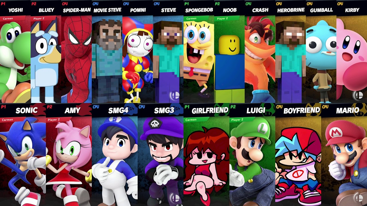 NEW Sonic vs Mario vs Minecraft vs Roblox vs Spider-Man vs Bluey vs SpongeBob vs Crash in Smash Bros