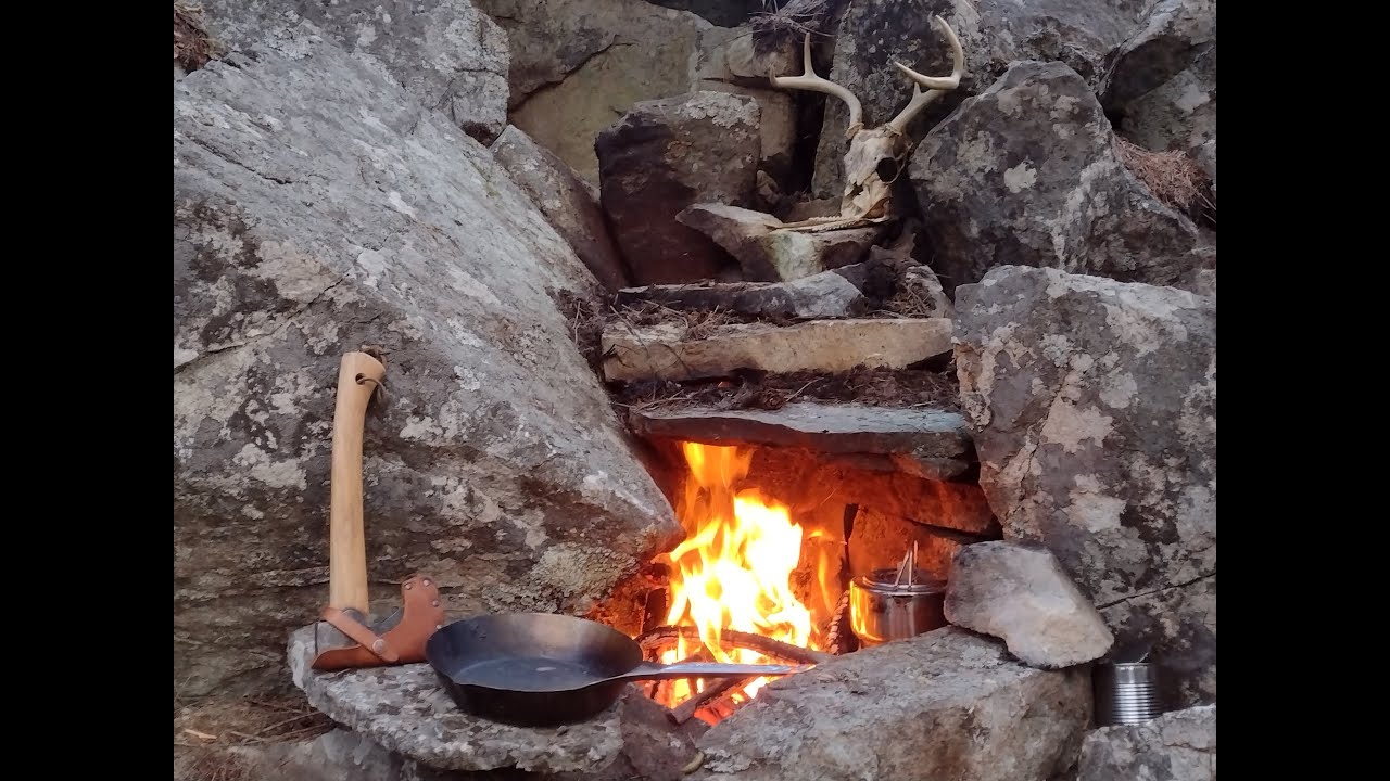 Bushcraft at Skull Camp - Part 1 - Solo Tarp Shelter and Stone Fireplace Adventure