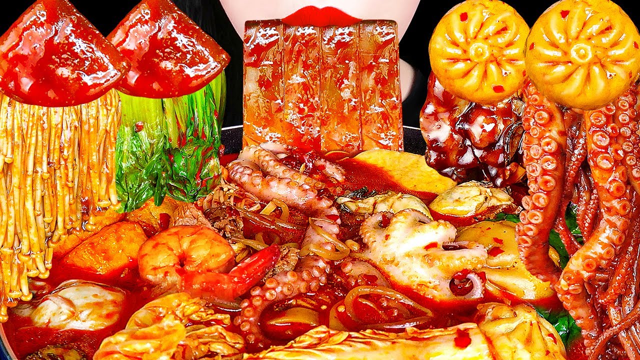 ASMR SPICY SEAFOOD MALATANG 마라탕 먹방, 마라탕 레시피 OCTOPUS, ENOKI MUSHROOM, EOMUK NOODLES EATING SOUNDS