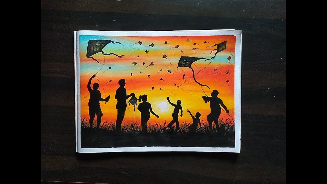 Makar Sankranti special Drawing easy || Kite flying Drawing with pastels -step by step for beginners