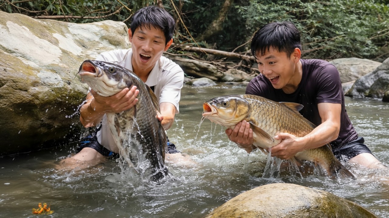 Fishing in Wild Jungle River | Cooking Fish at Bushcraft Camp