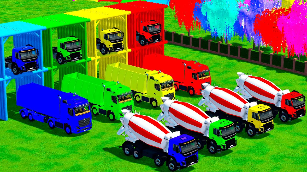 Garage with Colors - ALL MIXER TRUCK WITH DOUBLE FLATBED TRAILER TRUCK, VOLVO, MERCEDES, VOLVO
