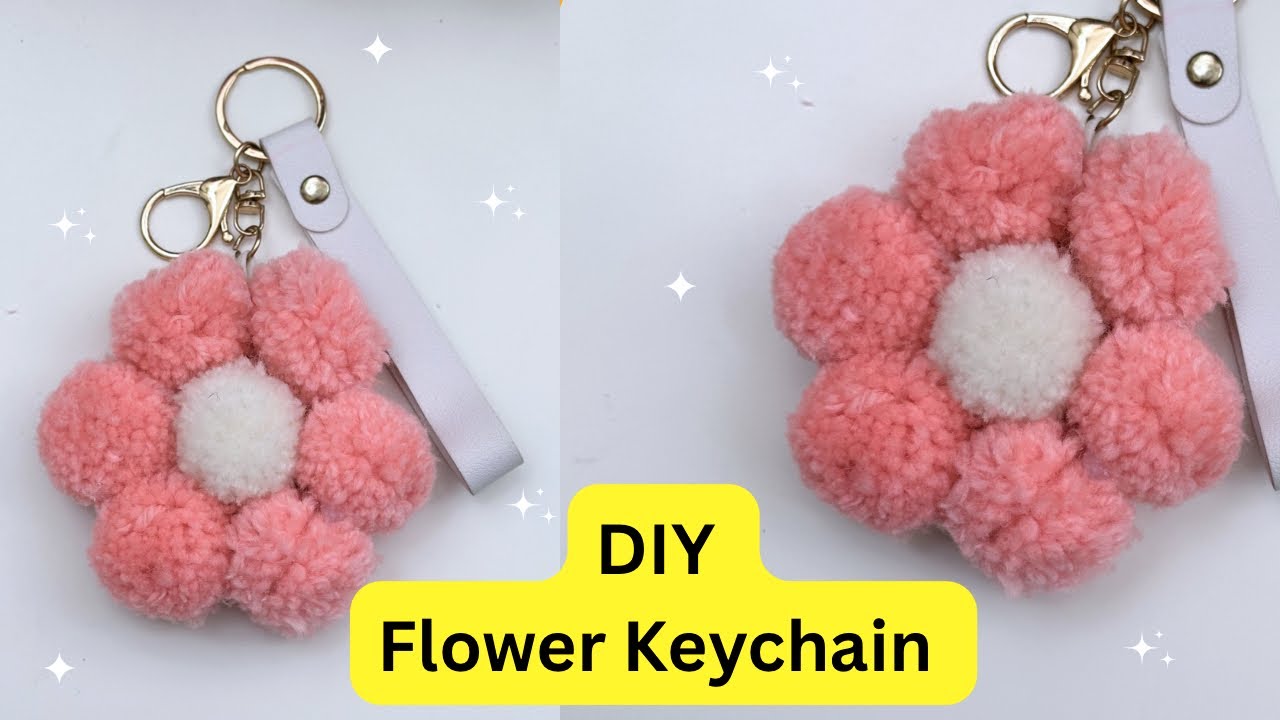 Try this Easy Flower Keychain Idea from Yarn / DIY flower Charm / yarn flower 