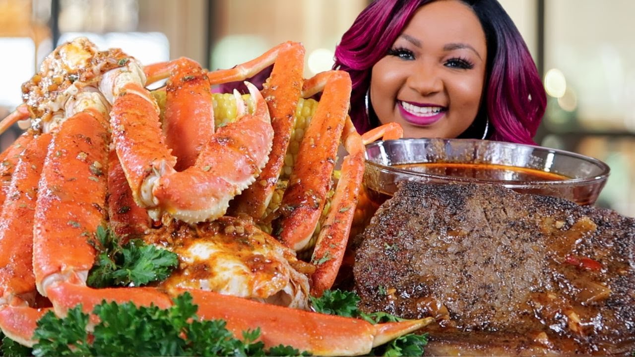 SNOW CRAB LEGS + RIBEYE STEAK , SEAFOOD MUKBANG