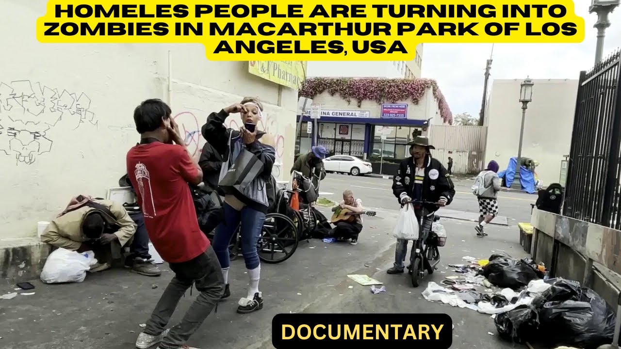 They don't sleep; homeless people are turning into Zombies in Macarthur Park, Los Angeles, CA, USA.