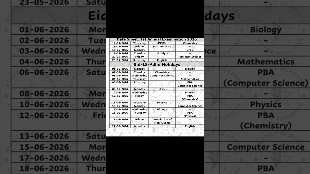 HSSC Date sheet of Fbise 2026 1st year and 2nd year of First Annual Examination