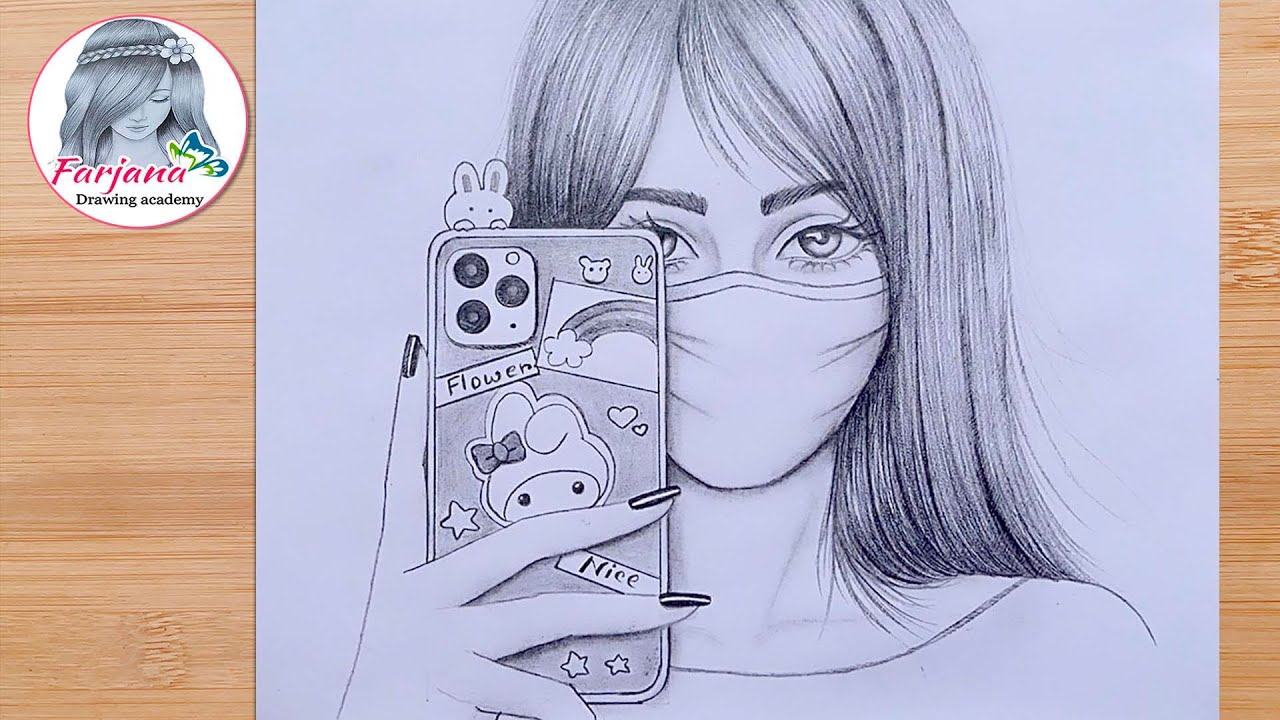How to draw A girl taking a selfie with wearing a mask || Step by Step Pencil Sketch for beginners