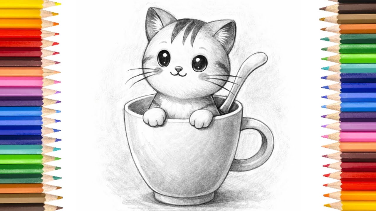 Easy Cat in a Cup Drawing | Simple Pencil Sketch Step by Step🐱